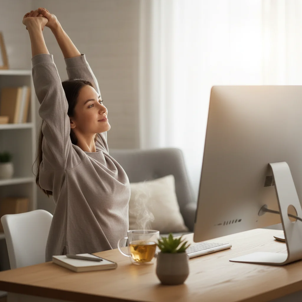 Persona tomando un descanso consciente del trabajo frente a la computadora, estirándose y mirando por la ventana.
