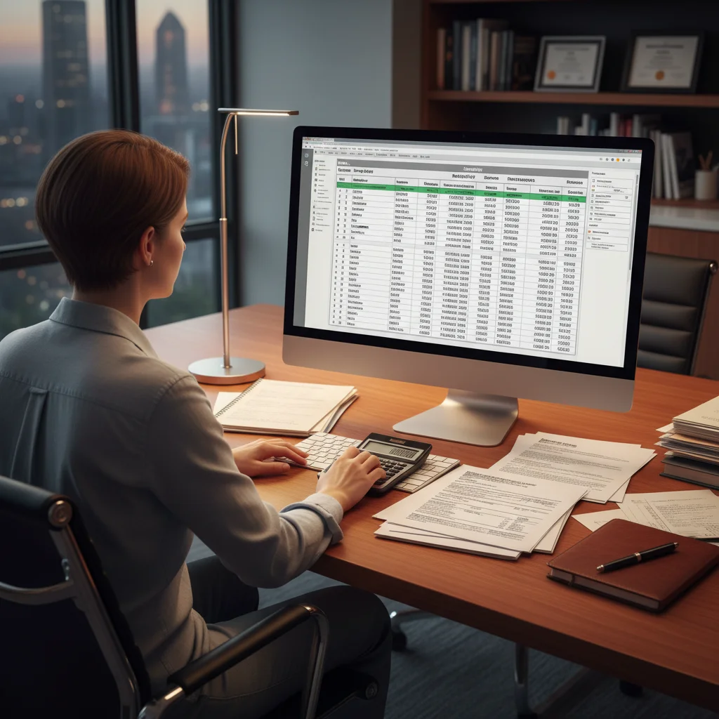 Person meticulously reviewing a detailed budget spreadsheet on a computer.
