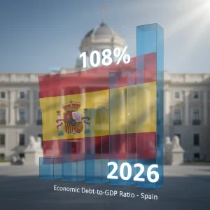 Gráfico de barras ascendente de la deuda pública española con la bandera de España, indicando el 108% del PIB en 2026.