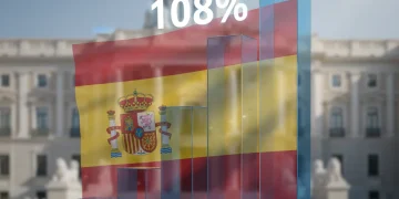 Gráfico de barras ascendente de la deuda pública española con la bandera de España, indicando el 108% del PIB en 2026.