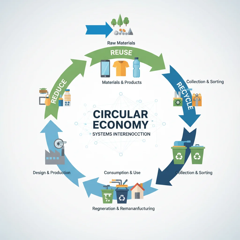 Diagrama de flujo de economía circular, mostrando reciclaje, reutilización y reducción de residuos.