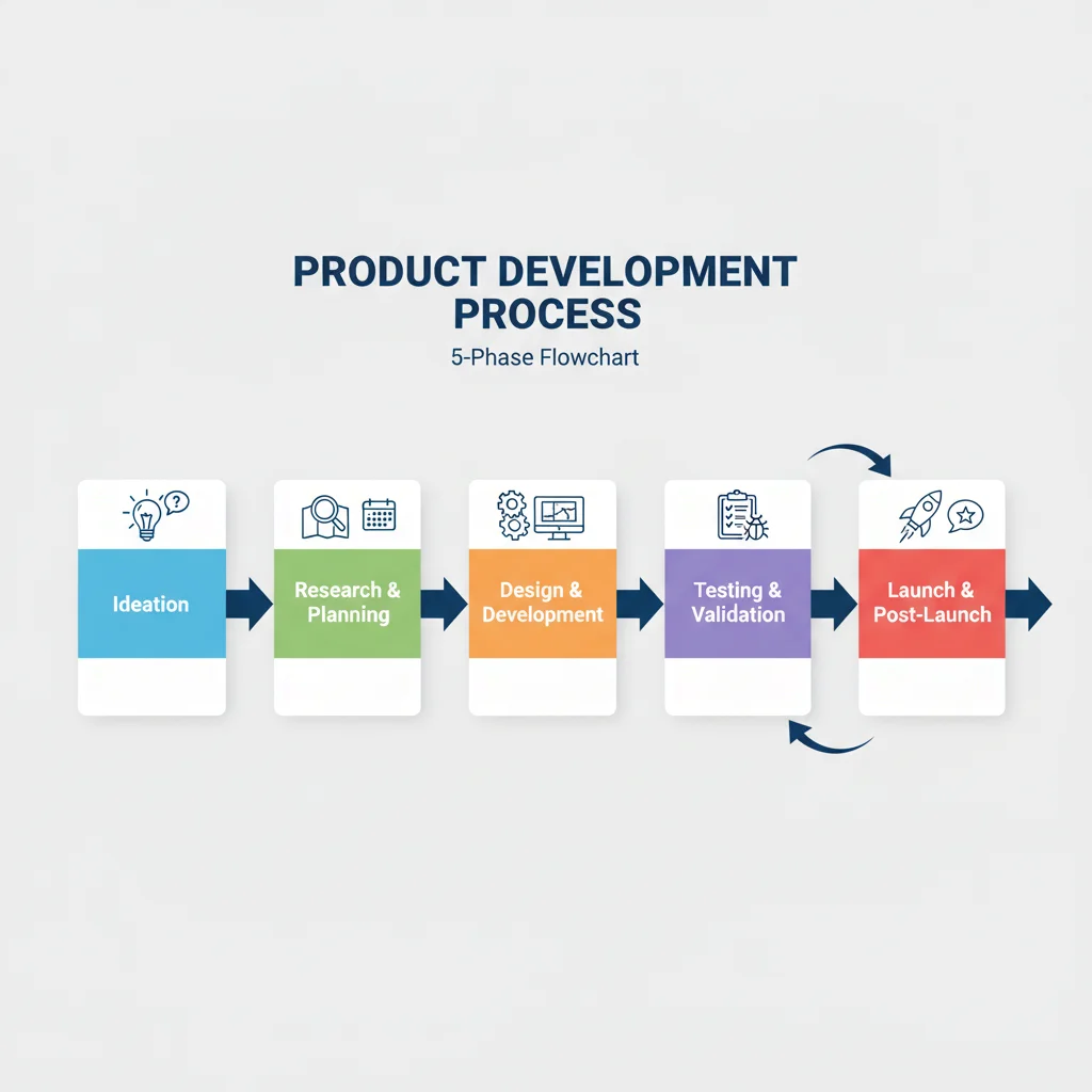 Diagrama de flujo de las 5 fases del desarrollo de productos, desde la ideación hasta el lanzamiento, mostrando el proceso de forma clara.