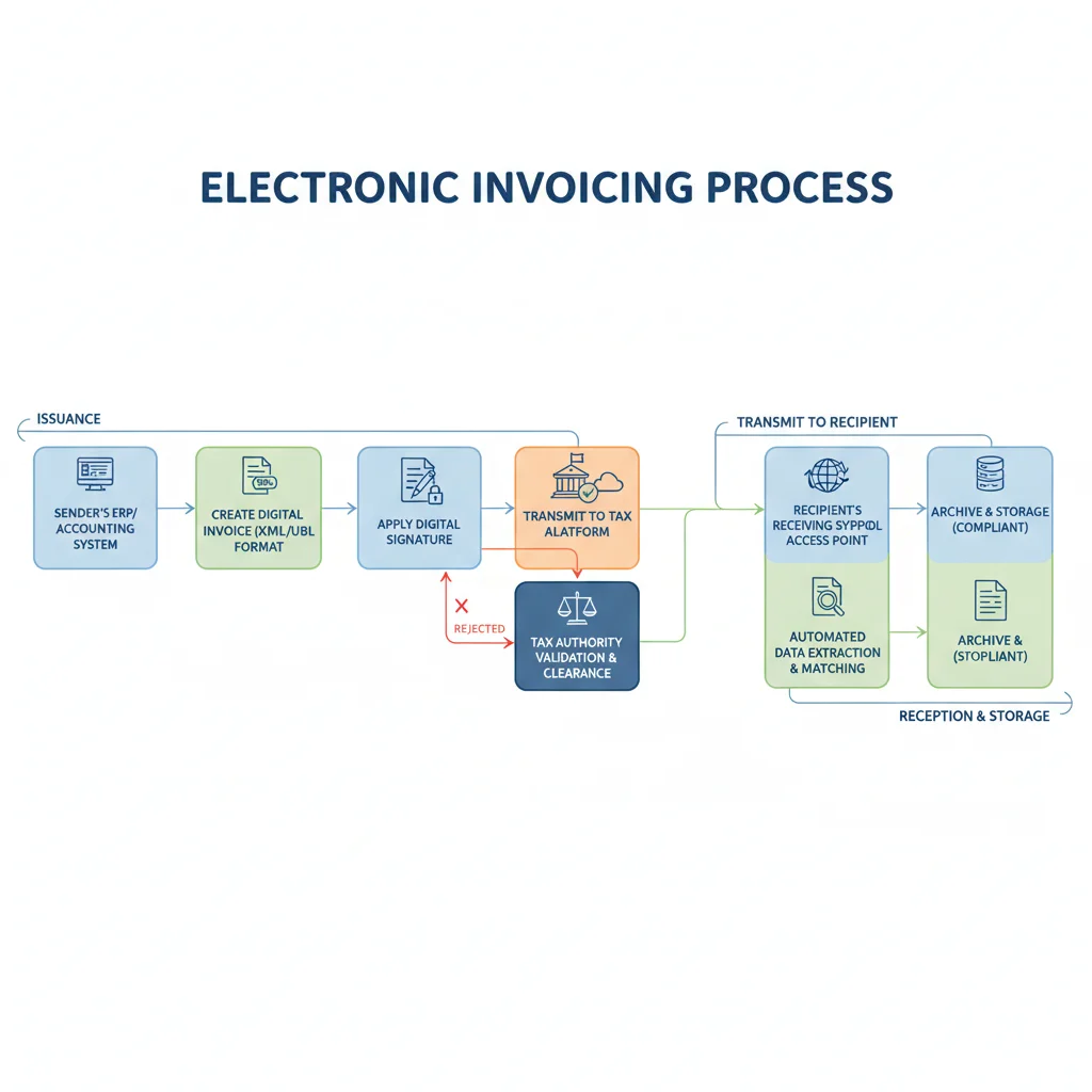 Diagrama de flujo detallando el proceso de facturación electrónica, desde la emisión hasta el almacenamiento y la validación fiscal.