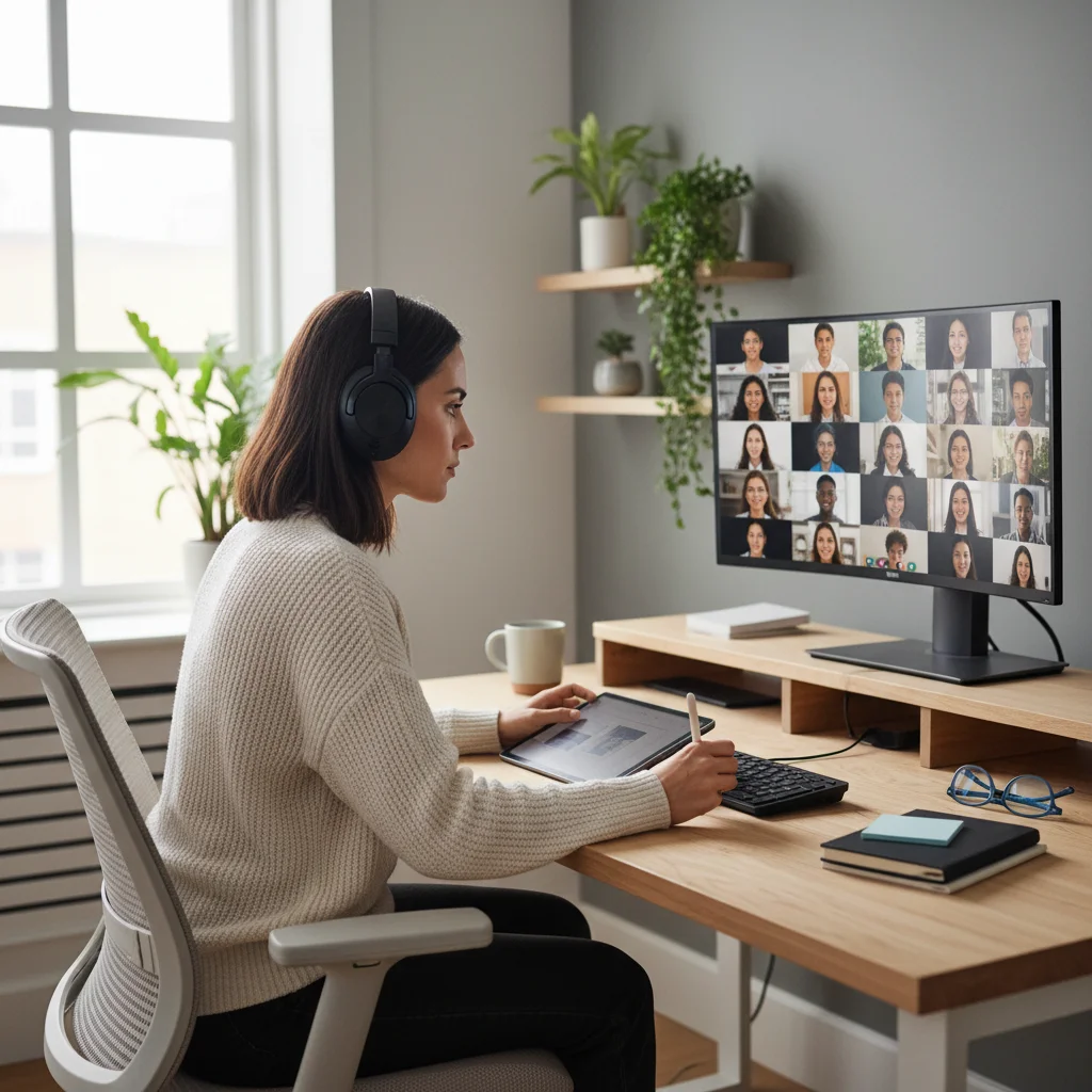 Woman engaged in a virtual meeting, showcasing digital communication skills.