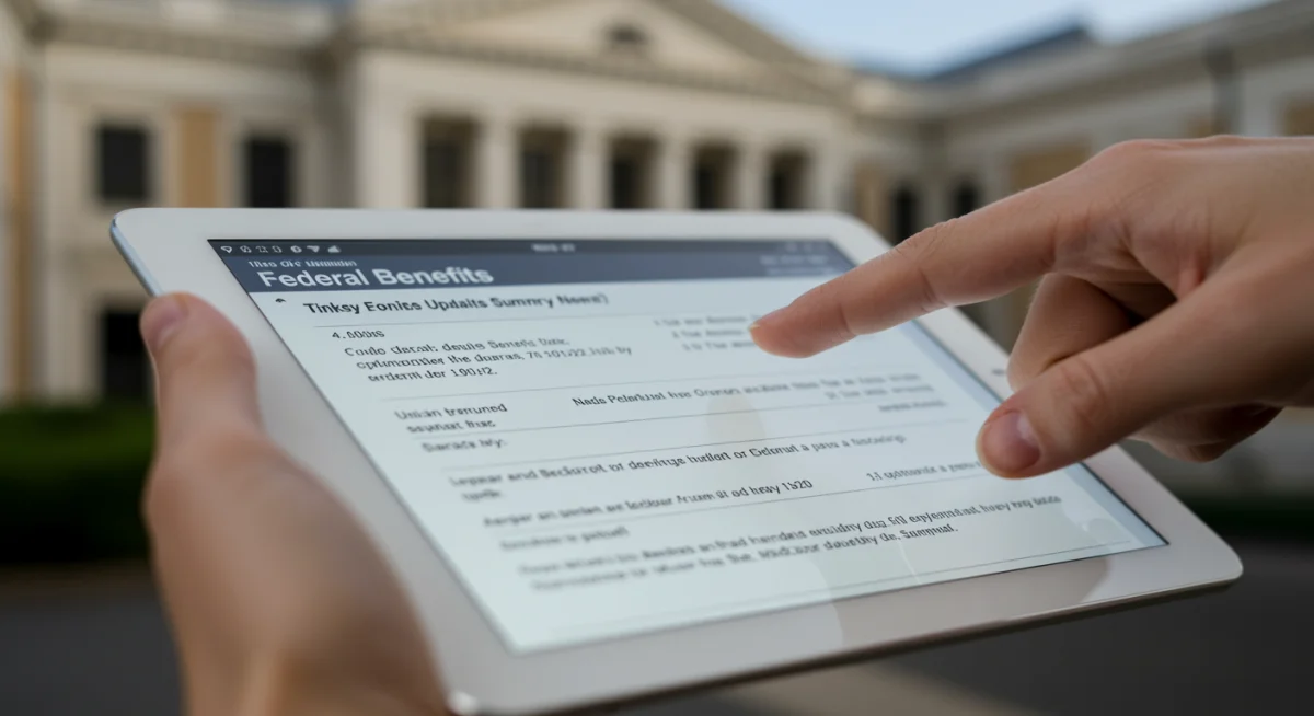 Hand pointing to key updates on a digital federal benefits summary for 2026