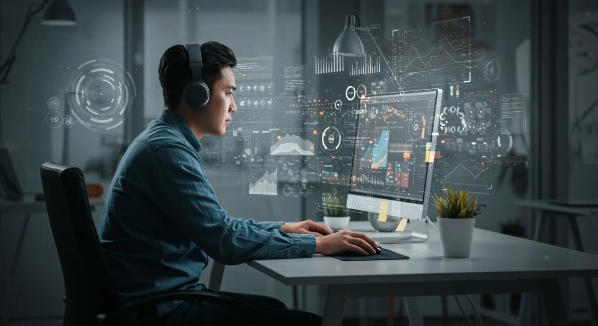 Individual focused on digital learning and skill development at a modern desk