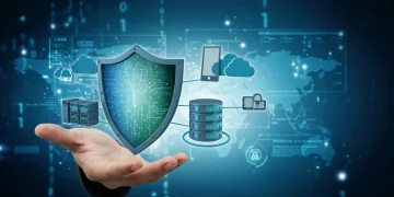 Digital shield protecting interconnected digital assets from cyber threats in 2026, illustrating advanced cybersecurity measures.