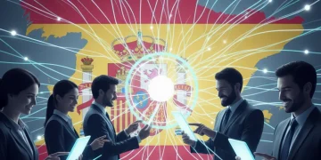 Representación futurista de la digitalización de la administración pública española con ciudadanos y empresas interactuando con servicios digitales.