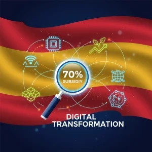 Ayudas Digitalización Empresas España: Subvenciones hasta 70% en 2026 Gráfico moderno representando la digitalización empresarial en España, con iconos de tecnología y crecimiento, destacando una subvención del 70%.