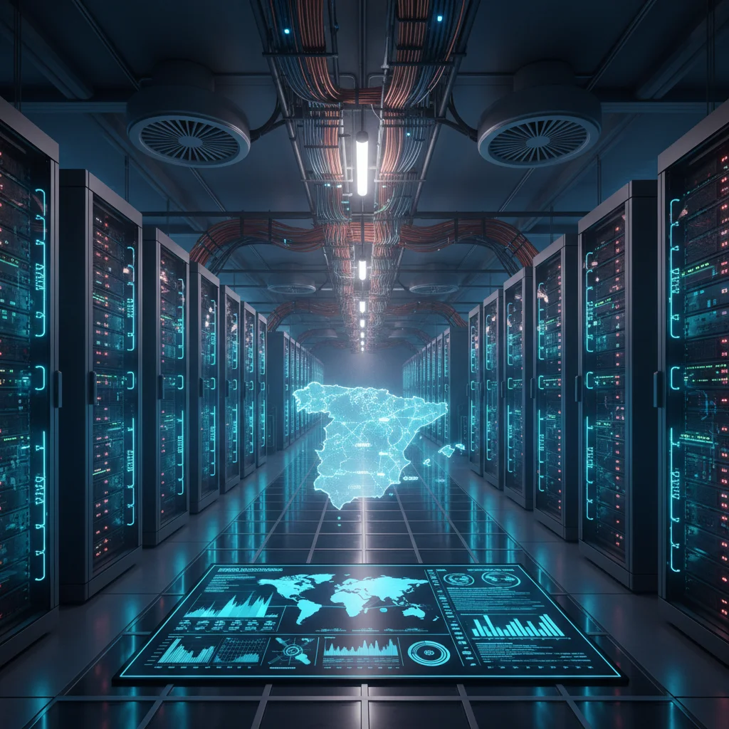 Centro de datos moderno con servidores, simbolizando la transformación digital en España.