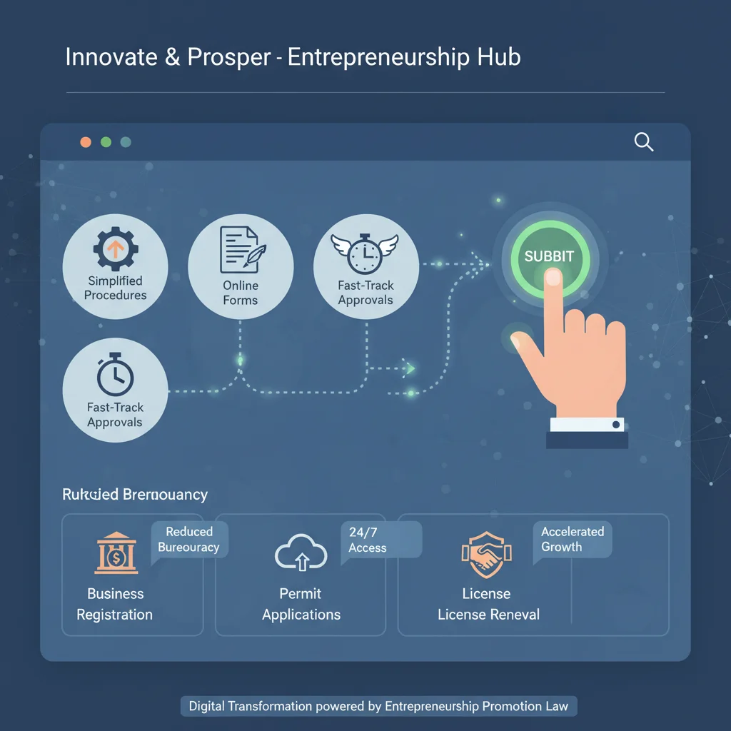 Plataforma digital simplificando trámites para emprendedores, con iconos de formularios online y aprobaciones rápidas, ilustrando la digitalización impulsada por la Ley de Fomento del Emprendimiento.