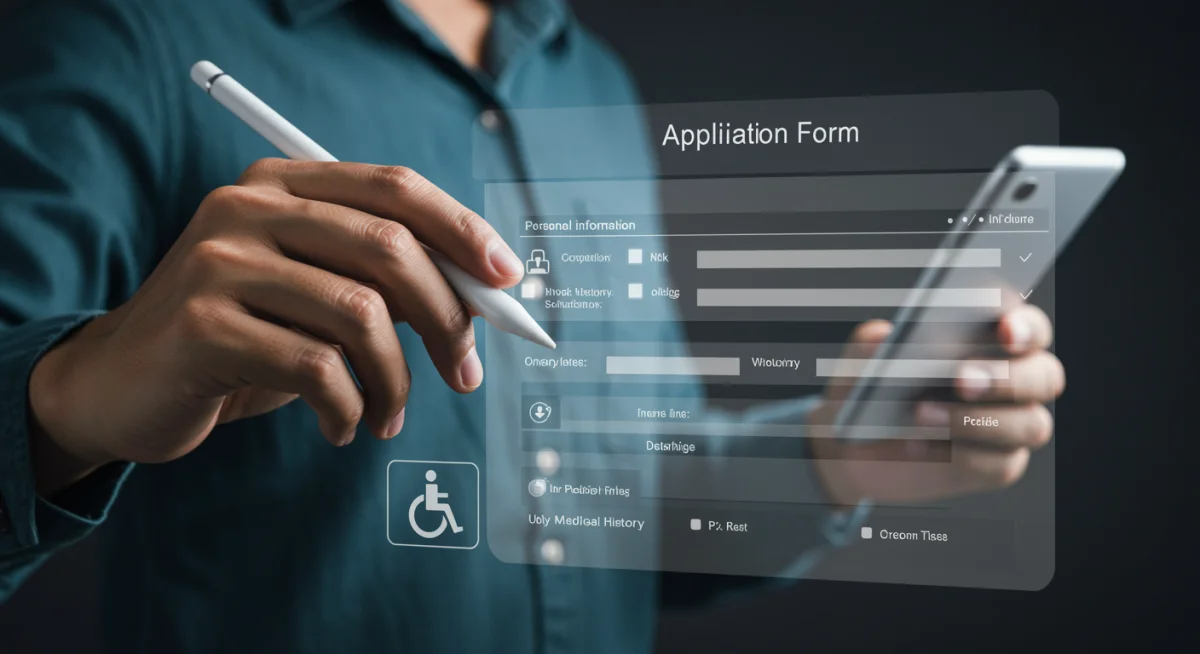 Digital application form for disability benefits with clear, accessible fields and a hand using a stylus.