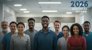 Diverse group smiling in front of a modern healthcare facility, symbolizing accessible 2026 healthcare reform.