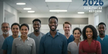 Diverse group smiling in front of a modern healthcare facility, symbolizing accessible 2026 healthcare reform.