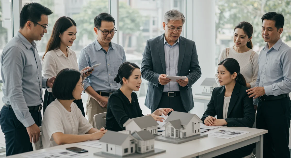 Diverse group of buyers and investors discussing real estate options with an agent, symbolizing varied market participation.