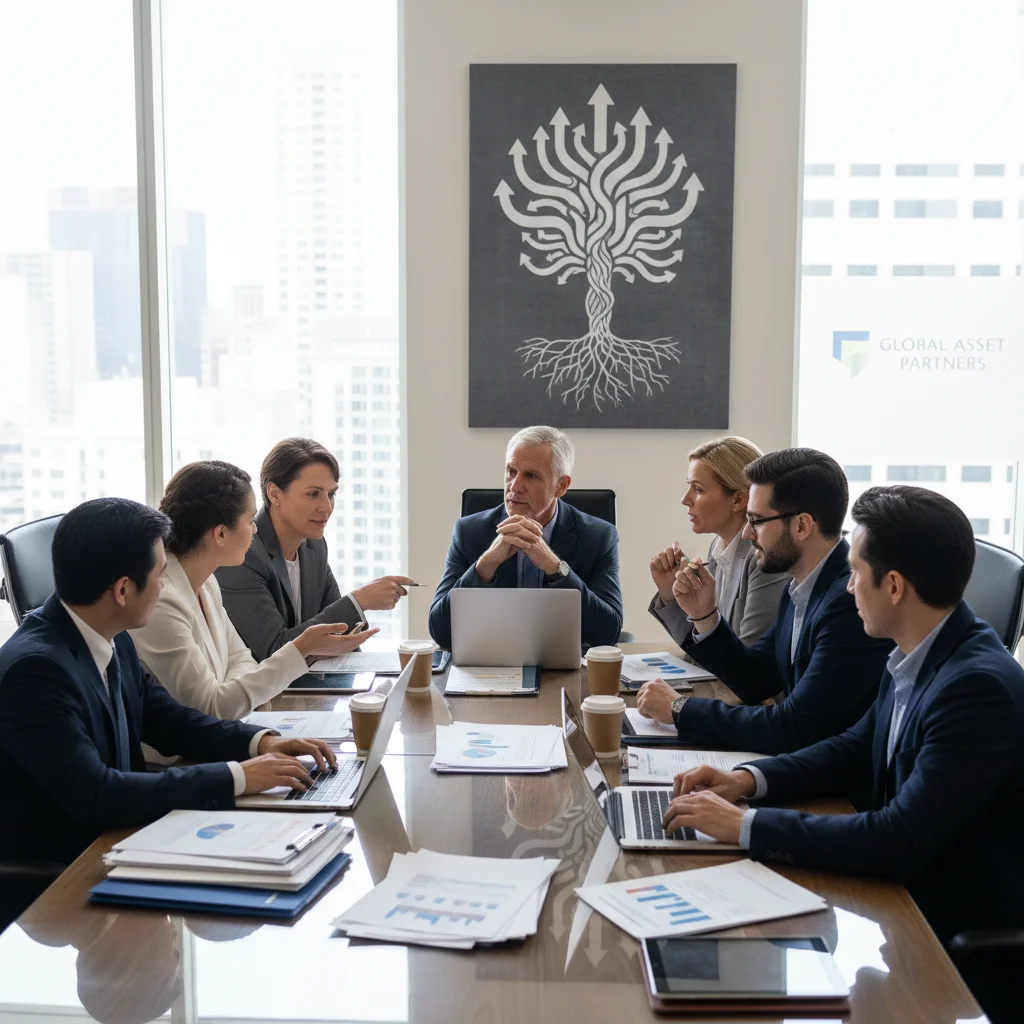 Diverse group of investors discussing diversified financial strategies.