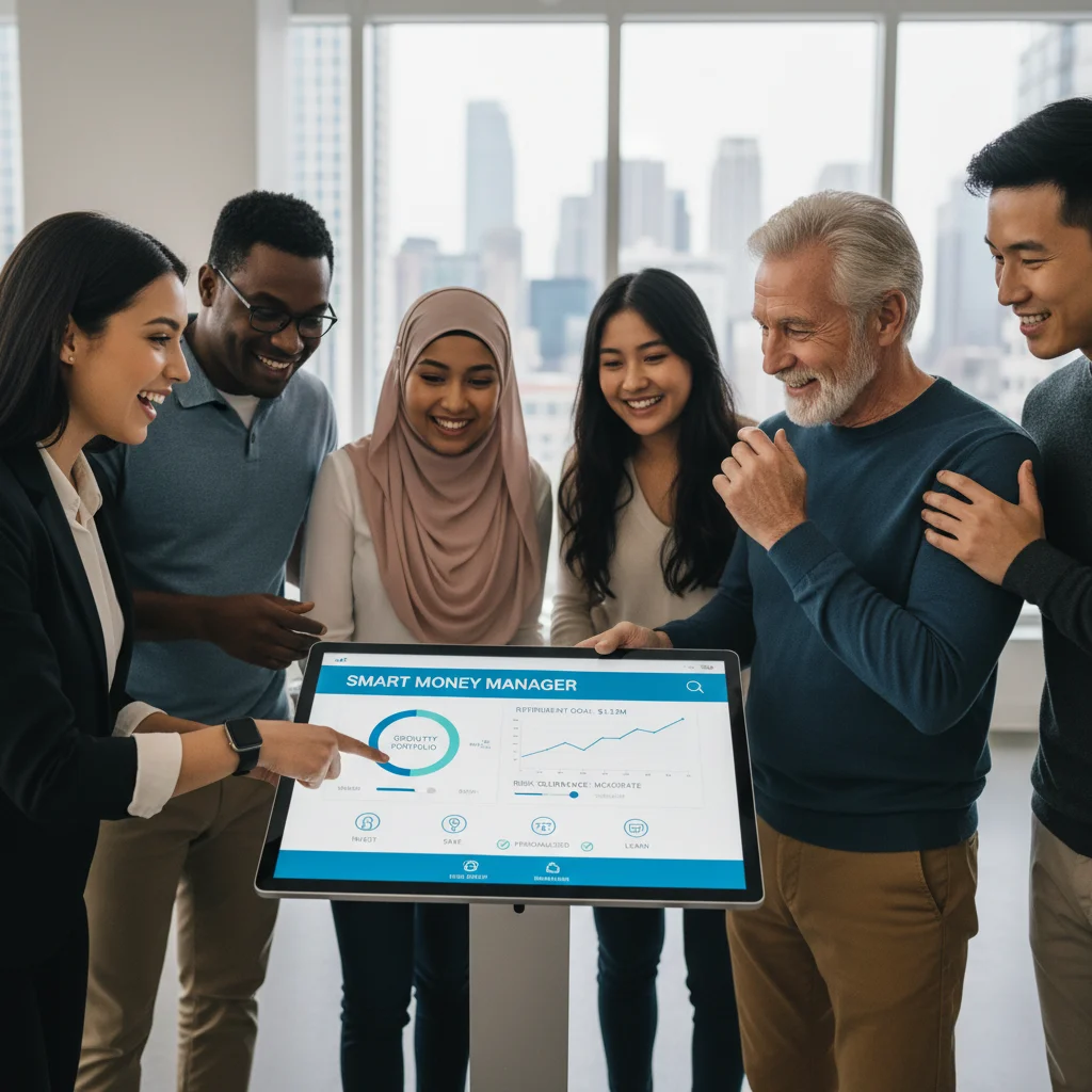 Diverse investors viewing a user-friendly robo-advisor dashboard