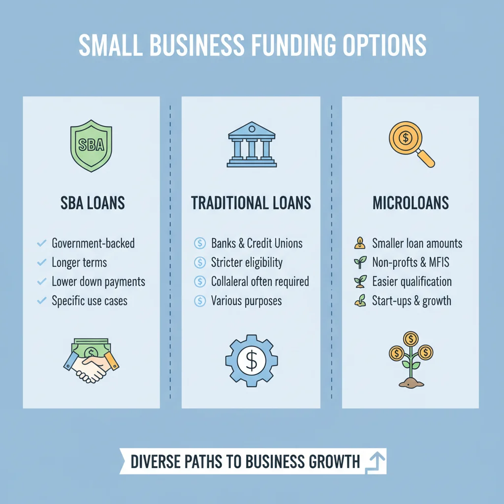 Infographic showing different types of small business loans and funding options.