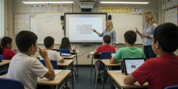 Diverse students in modern classroom benefiting from federal education funding