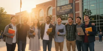 Diverse students celebrating scholarship success in front of a university