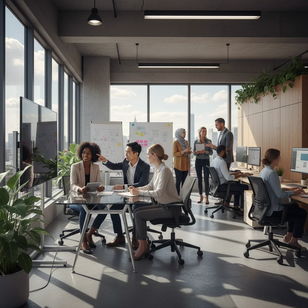 Diverse professionals collaborating in a dynamic office environment