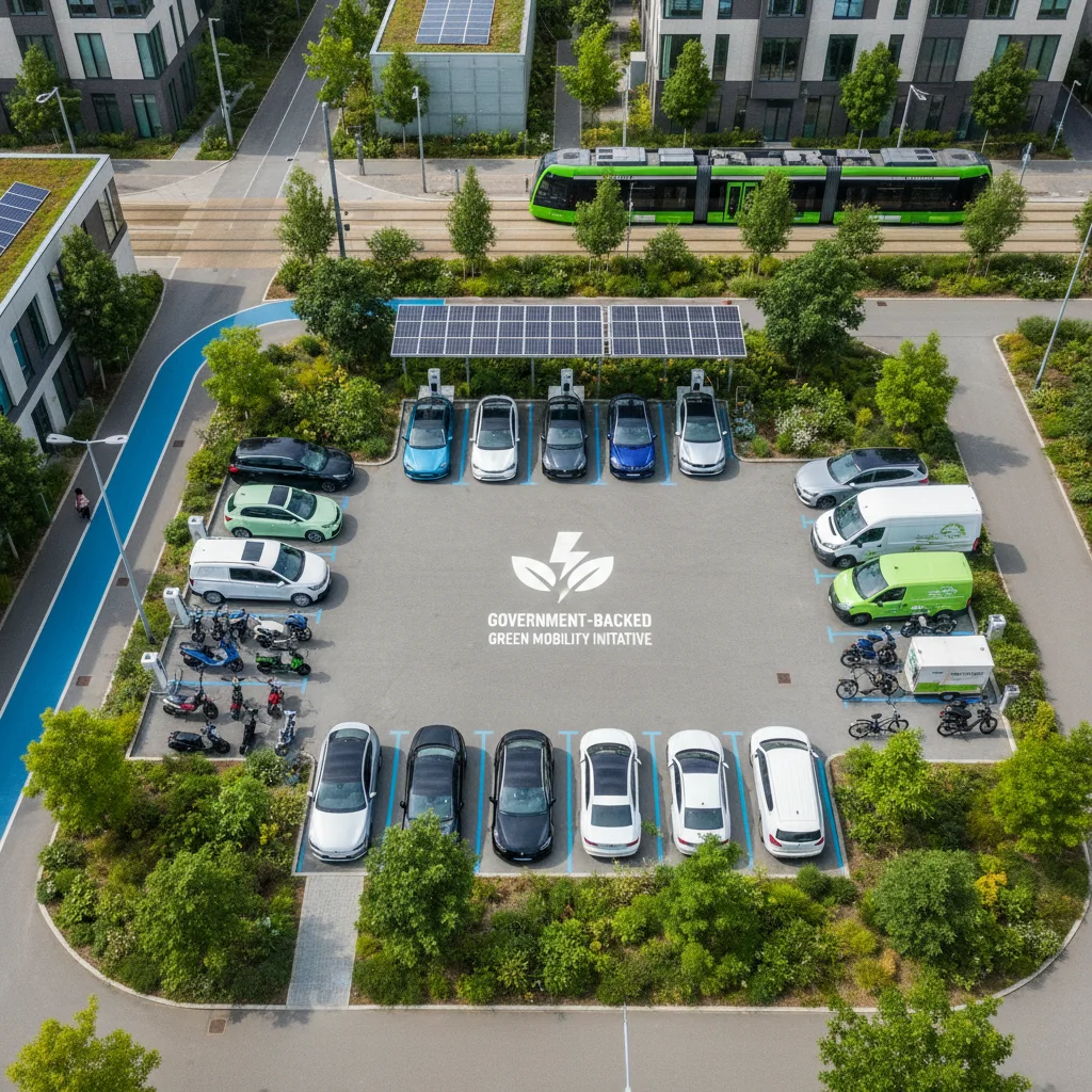 Diversidad de vehículos eléctricos estacionados en un entorno urbano sostenible.