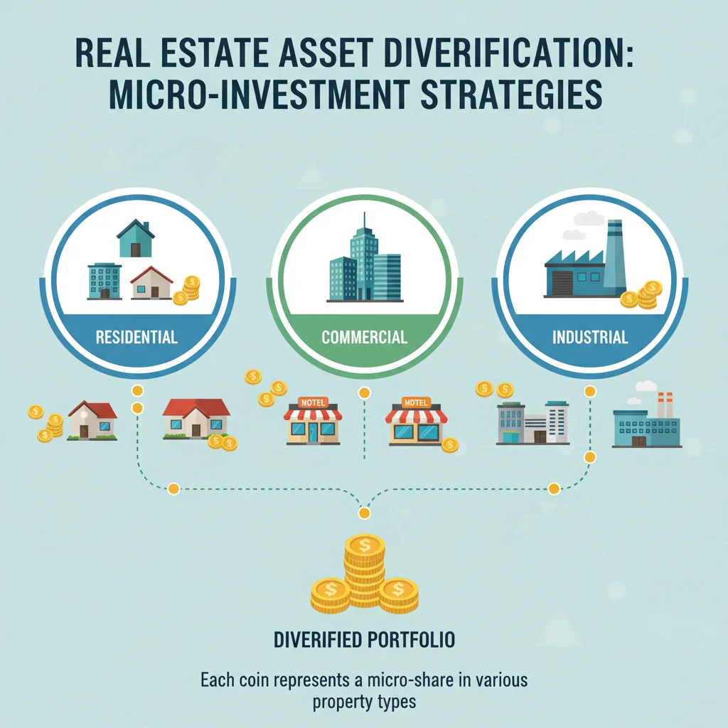 Infografía de diversificación de activos inmobiliarios para microinversiones con monedas.