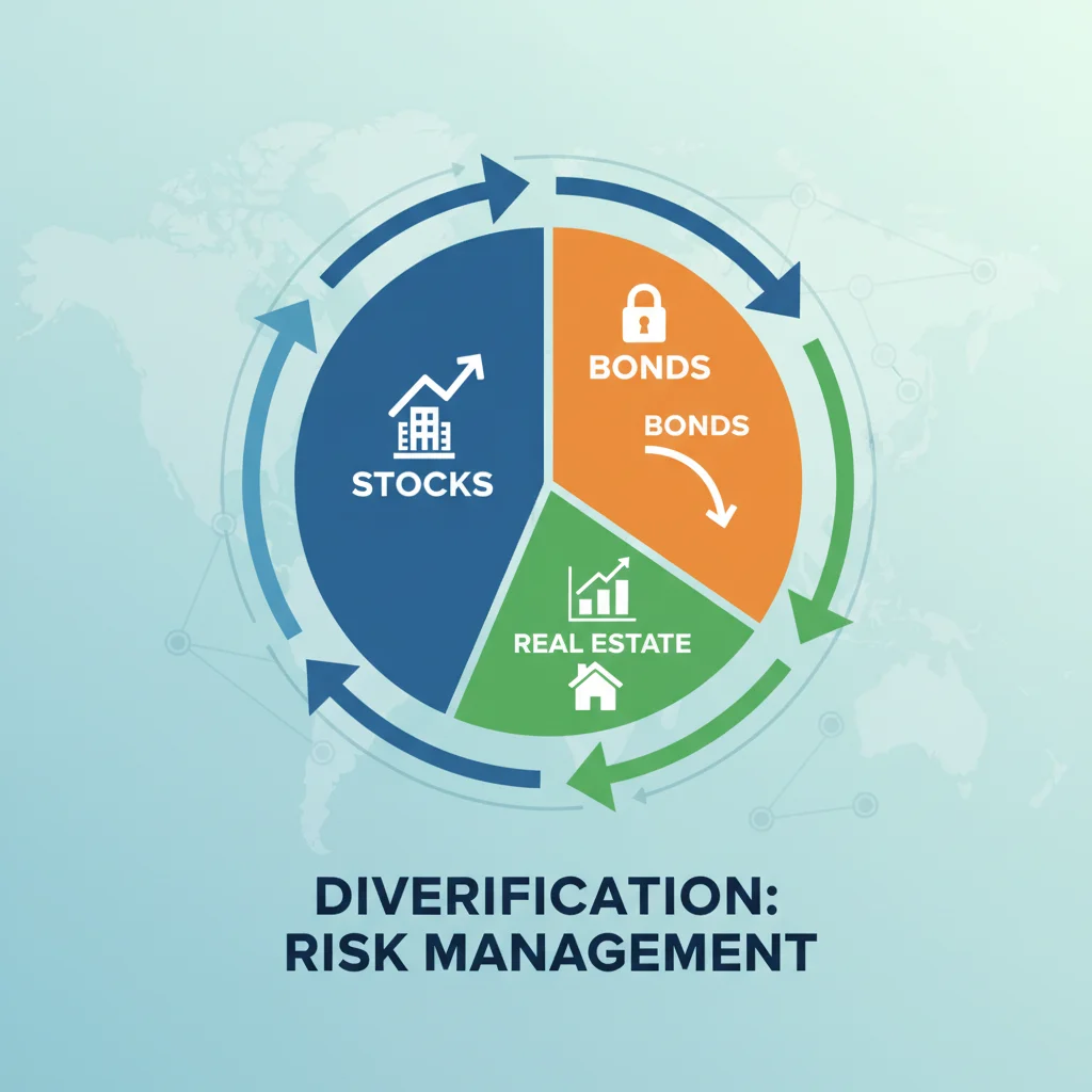 Gráfico de tarta que ilustra la diversificación de inversiones con bonos, acciones y bienes raíces.