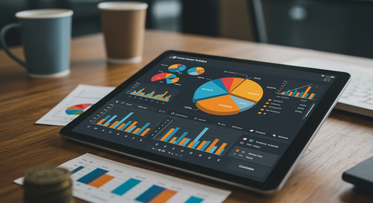 Diversified investment portfolio on a tablet screen showing asset allocation