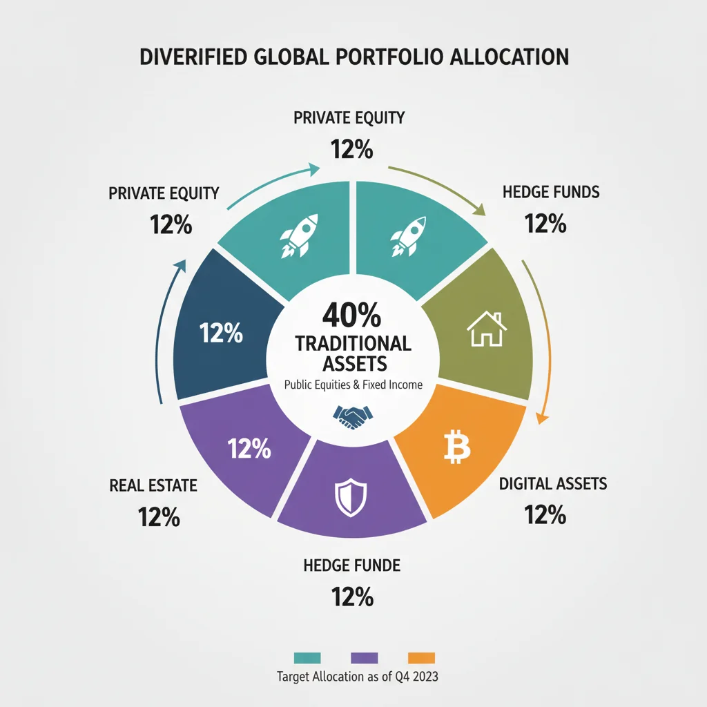 Infographic illustrating a diversified investment portfolio with allocations across traditional and alternative asset classes.