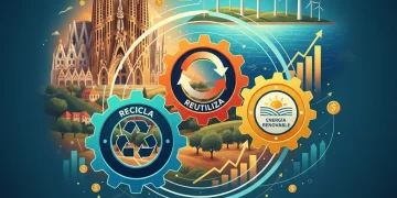 Ilustración digital de la economía circular en España con engranajes, símbolos de reciclaje y crecimiento económico, con fondos europeos y el año 2026.
