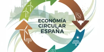 Gráfico que representa la economía circular en España, con flechas interconectadas simbolizando el ciclo de vida de los productos y la sostenibilidad.