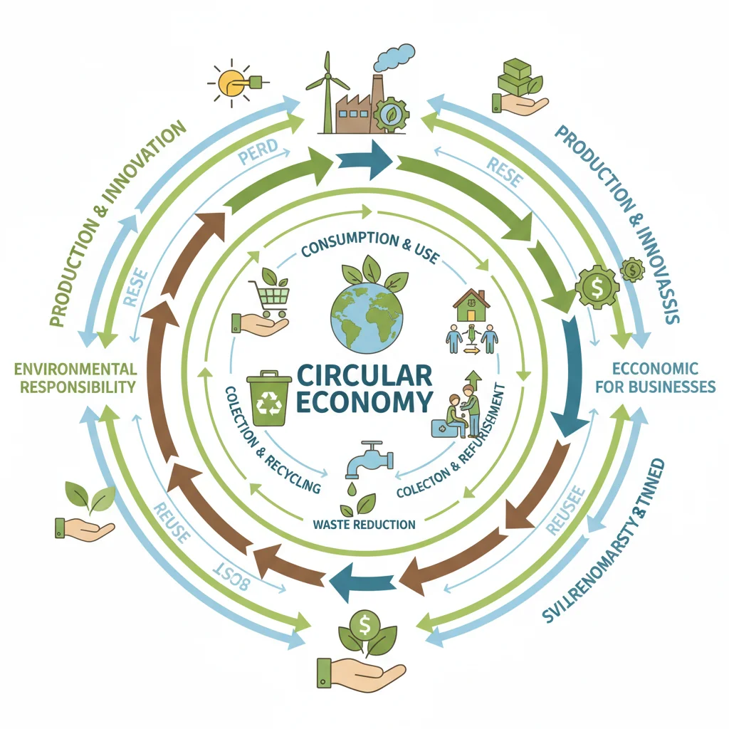 Ilustración de un modelo de economía circular, destacando la sostenibilidad y eficiencia de recursos para empresas españolas.