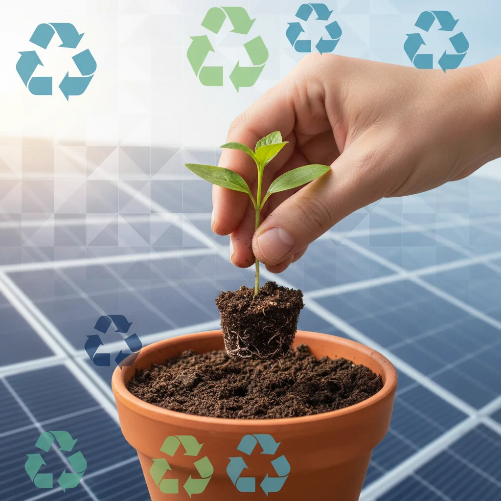 Mano plantando, con símbolos de energía solar y reciclaje, representando economía circular y sostenibilidad.