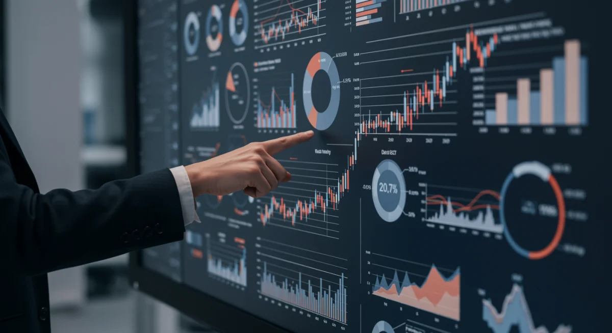 Financial analyst reviewing complex economic data and market volatility scenarios on a large screen.