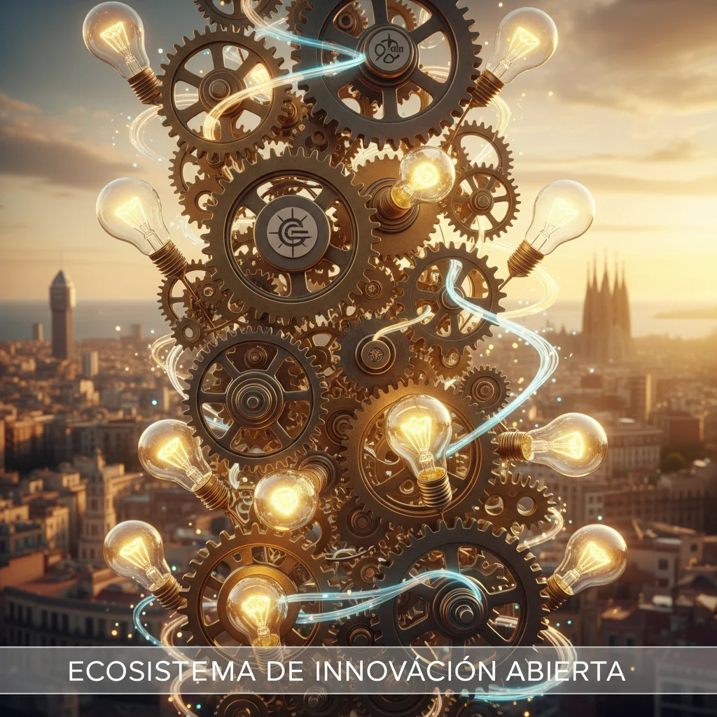 Ecosistema de innovación abierta con empresas interconectadas y generación de ideas.