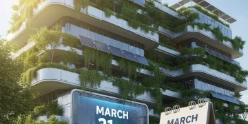 Edificio moderno rehabilitado energéticamente con paneles solares y elementos verdes, fecha límite 31 marzo 2026