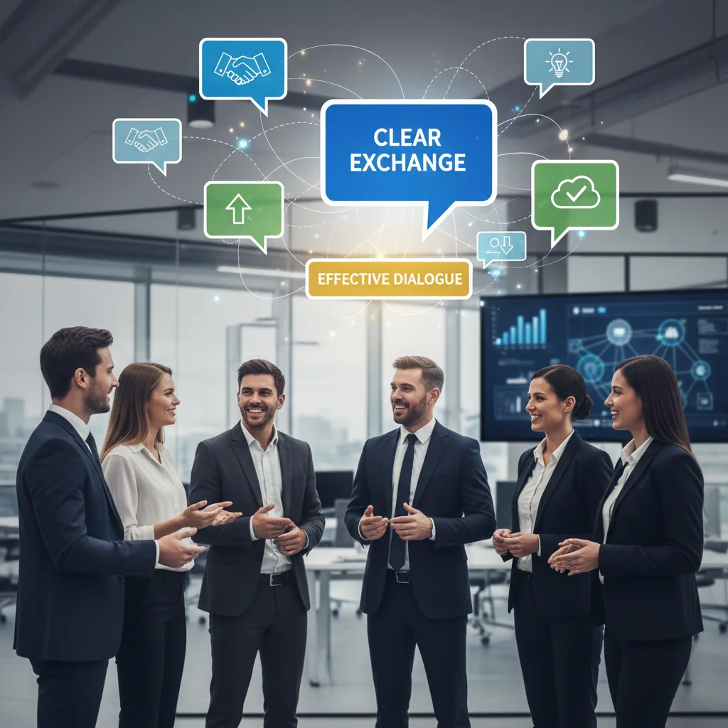 Illustration of effective communication in a professional setting, showing diverse individuals exchanging ideas.