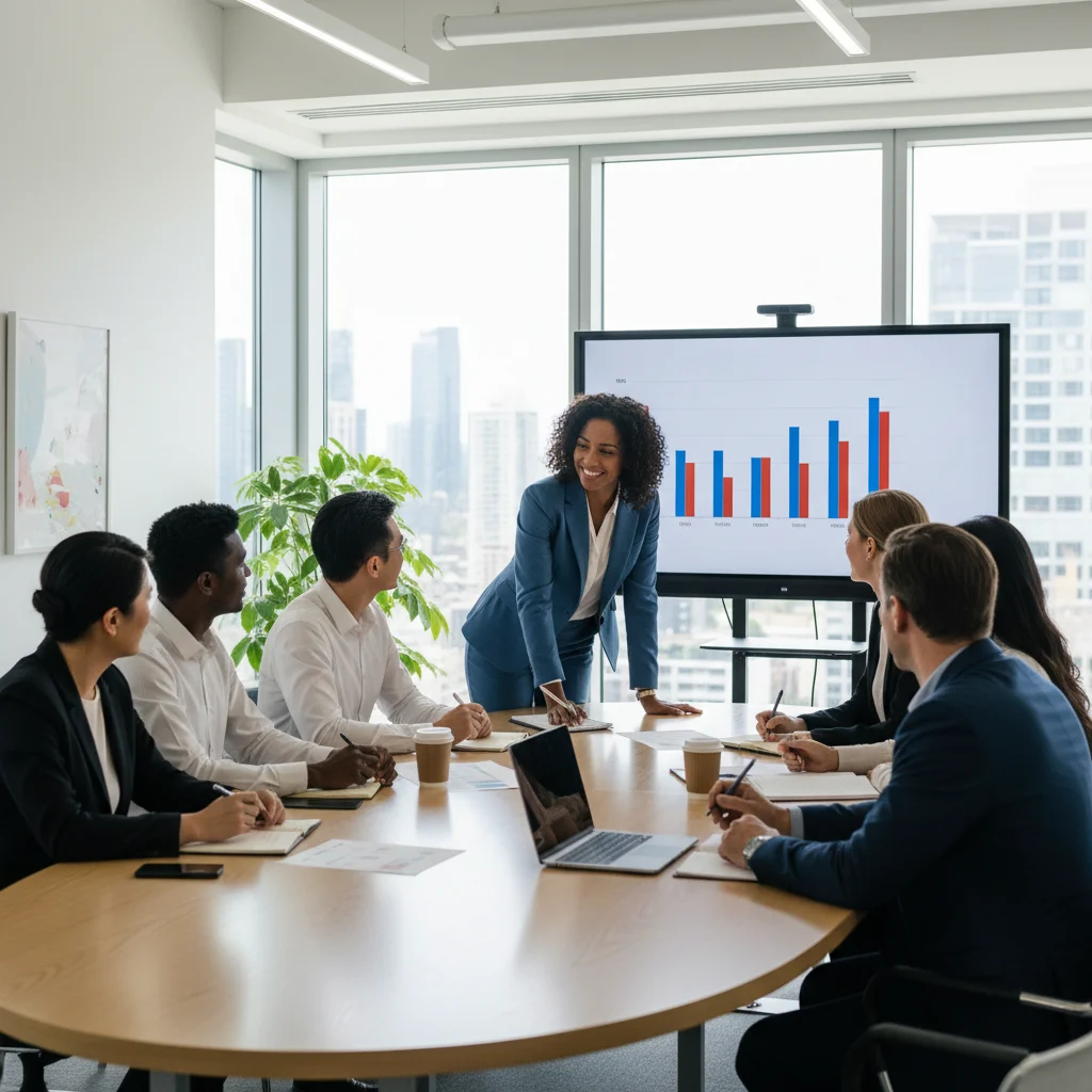 Diverse team discussing negotiation strategies in a modern conference room.