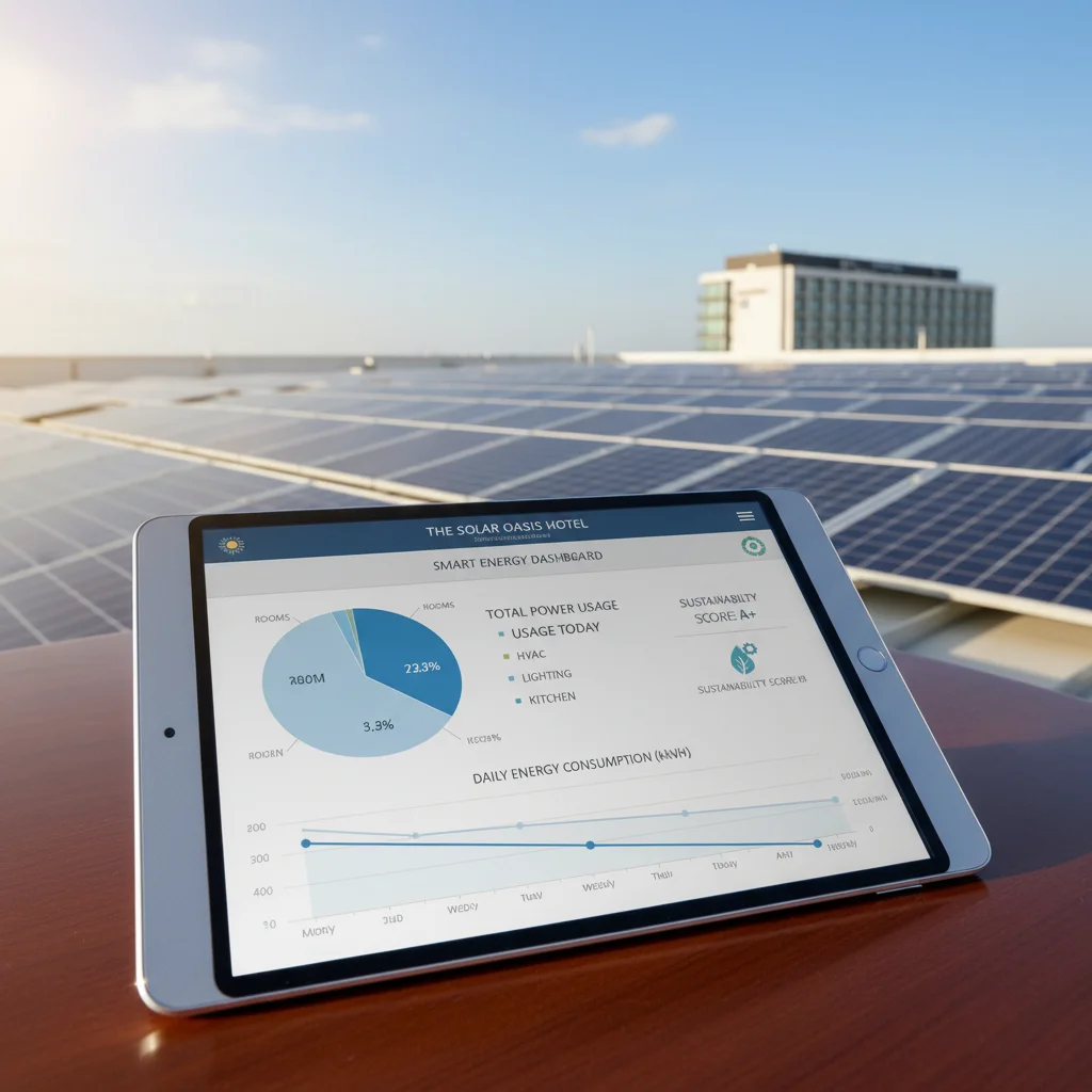 Pantalla de tablet mostrando datos de eficiencia energética en un hotel con fondo de paneles solares