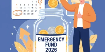 Person saving money in emergency fund jar for 2026