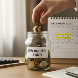 Emergency Fund Essentials: Building Your 6-Month Safety Net by December 2026 Hand putting coins in an emergency fund jar with December 2026 calendar