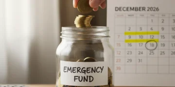 Hand putting coins in an emergency fund jar with December 2026 calendar