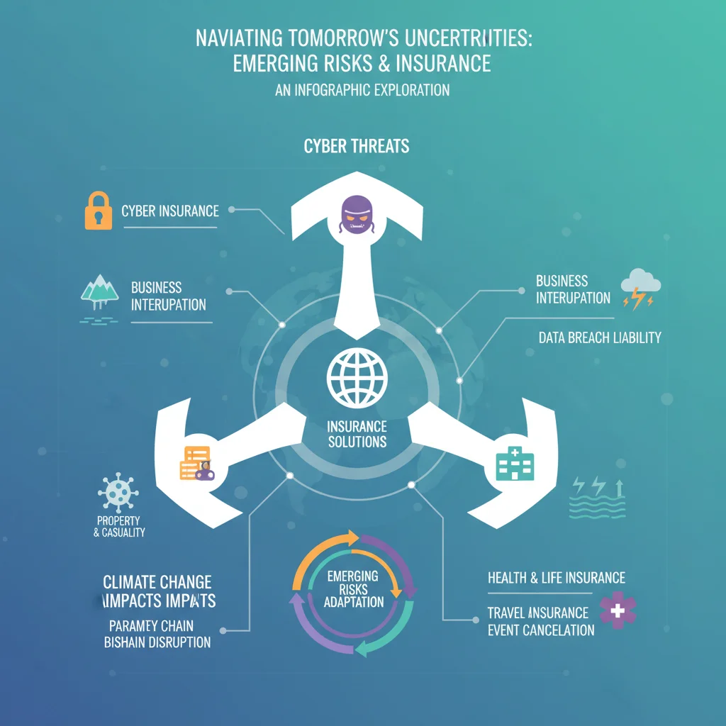 Infographic illustrating emerging risks like cyber threats, climate change, and global health, linking to relevant insurance policies.