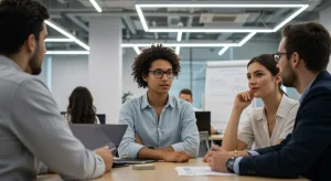 Professionals demonstrating emotional intelligence in a modern office discussion