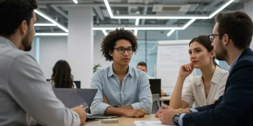 Professionals demonstrating emotional intelligence in a modern office discussion