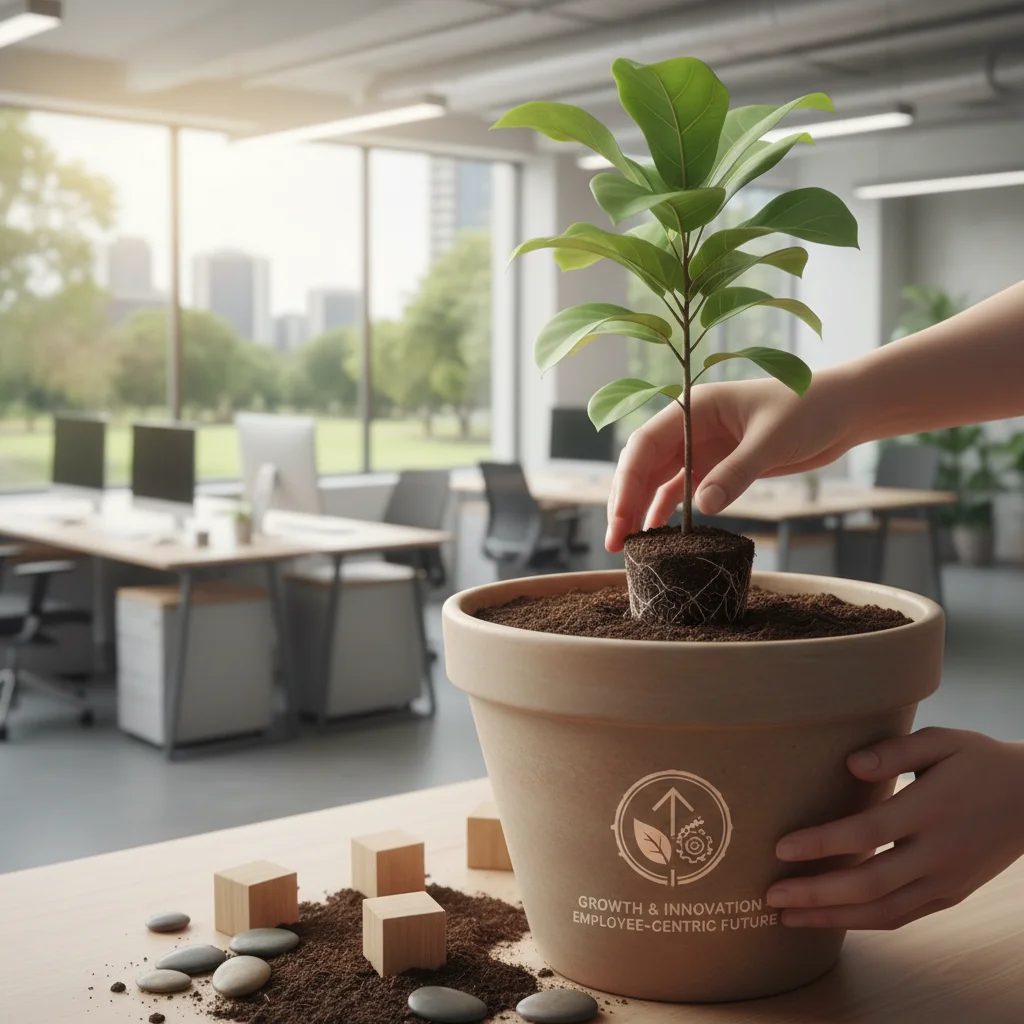 Hand nurturing a plant, symbolizing investment in employee growth and development.