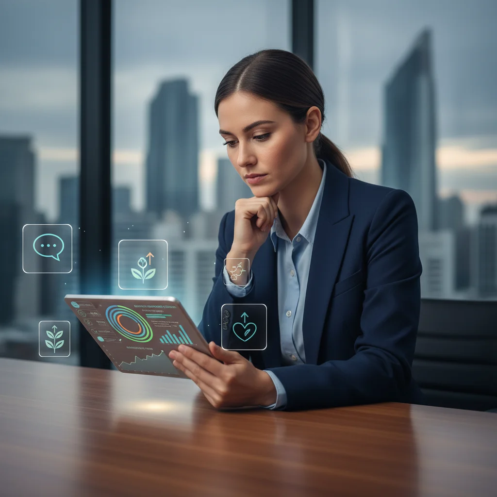 Professional analyzing employee engagement data on a tablet, focusing on retention metrics.