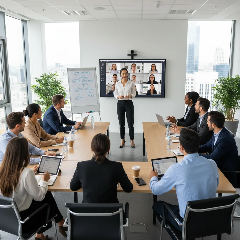 Employee training session for digital tools and communication in a hybrid work setting