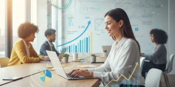 Mujer emprendedora feliz trabajando en un portátil con gráficos de éxito, simbolizando las ayudas al autoempleo.